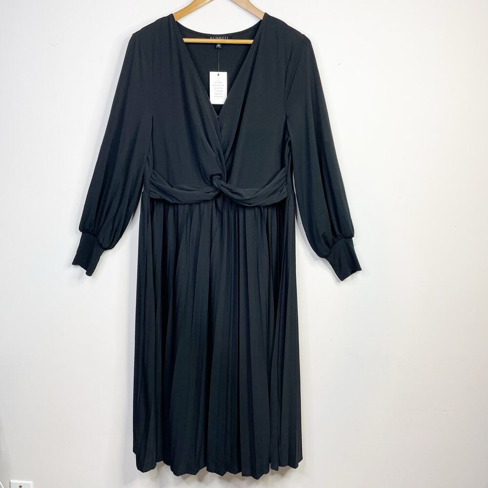 Eloquii Knot Front Pleated Skirt Dress Black Stretch Jersey Knit Long Sleeve 18 - Picture 3 of 17